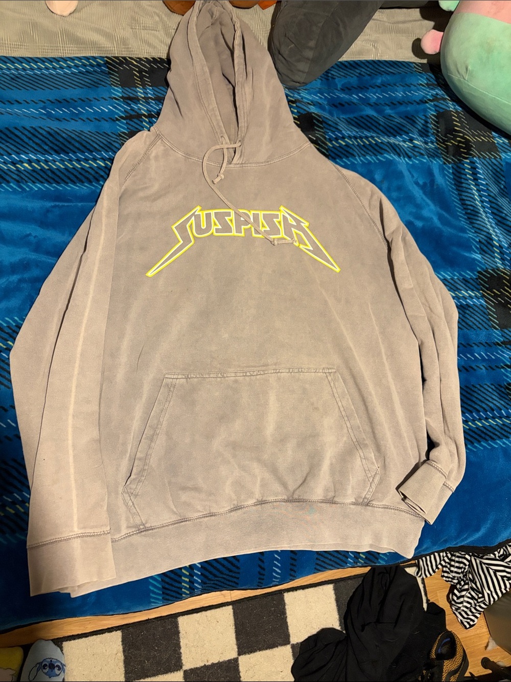 Bailey Sarian “Suspish” faded grey hoodie
